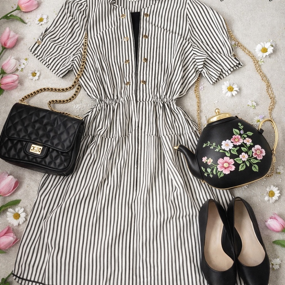 Black and White linen Striped Dress